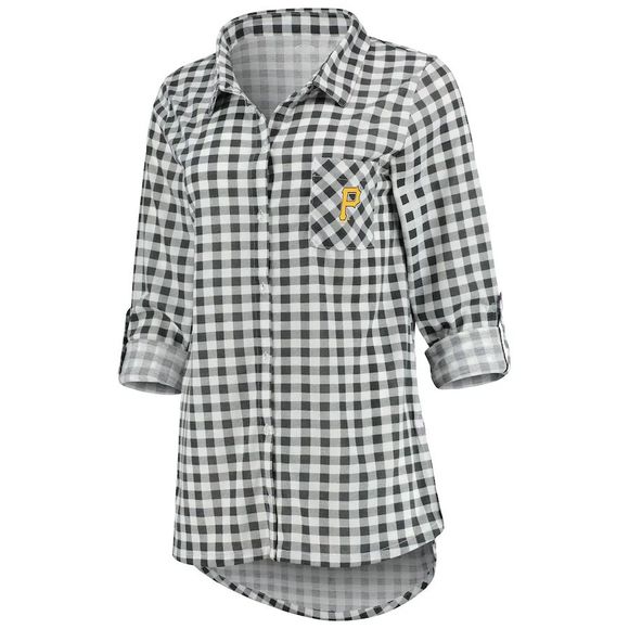 Pittsburg Pirates Pajamas Womens Medium Charcoal  Plaid Button Up Sleep Wear Top - Picture 2 of 16